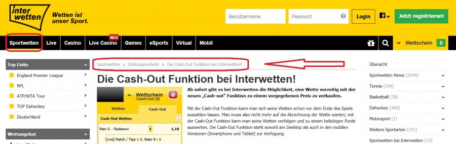 Interwetten Cash Out Funktion » Wette abschließen