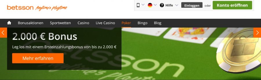 Betsson Poker » 100% Bonus bis zu 2000€ & VIP Punkte