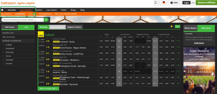 Betsson Live Wetten » Risikofreie Wette + Angebot
