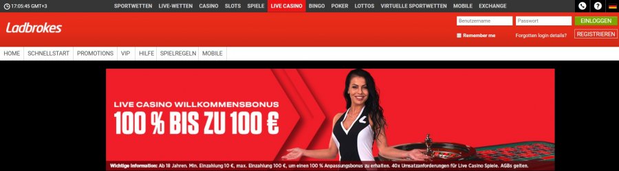 Ladbrokes Live Casino Willkommensbonus bis zu 100 €